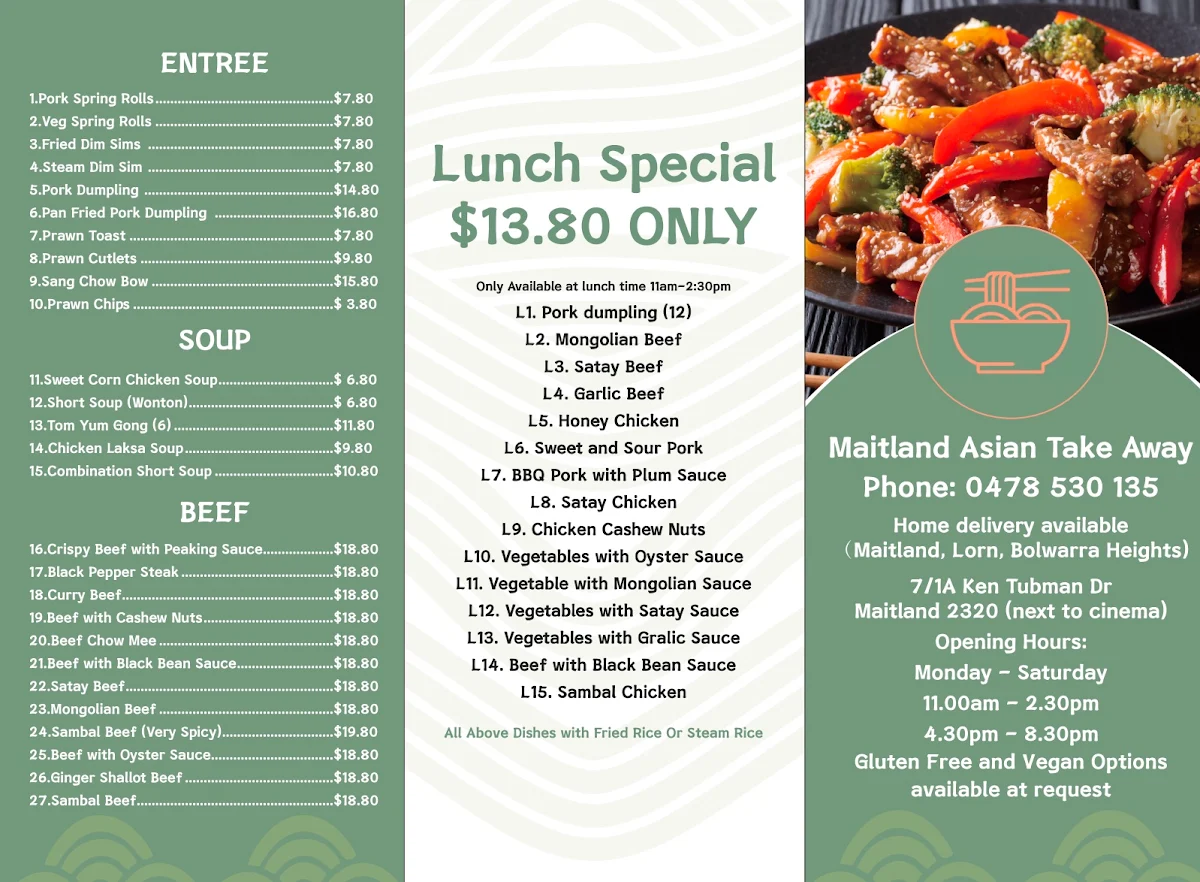 Menu, Maitland Asian Take Away
