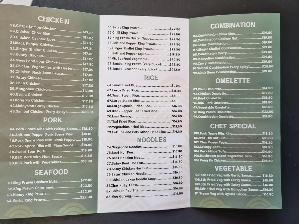 Menu, Maitland Asian Take Away