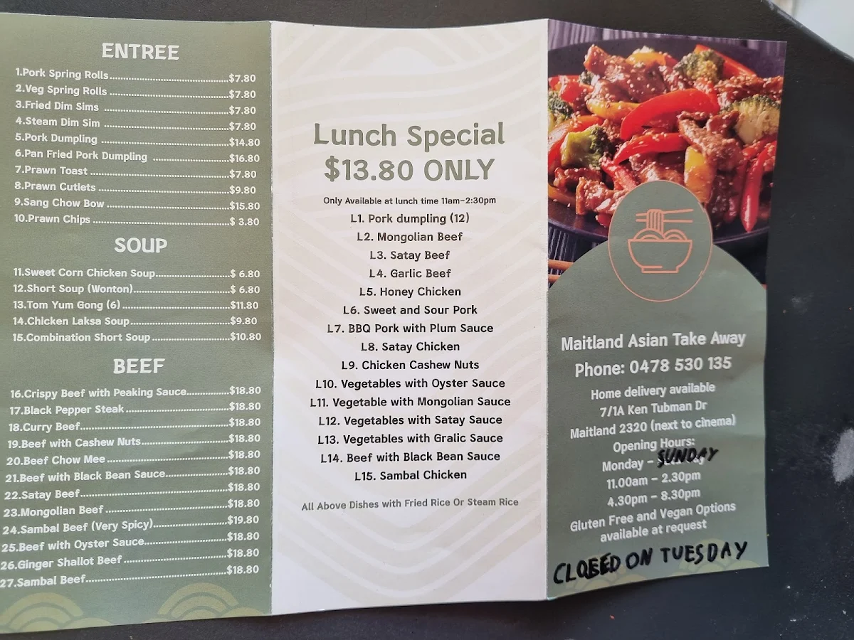 Menu, Maitland Asian Take Away