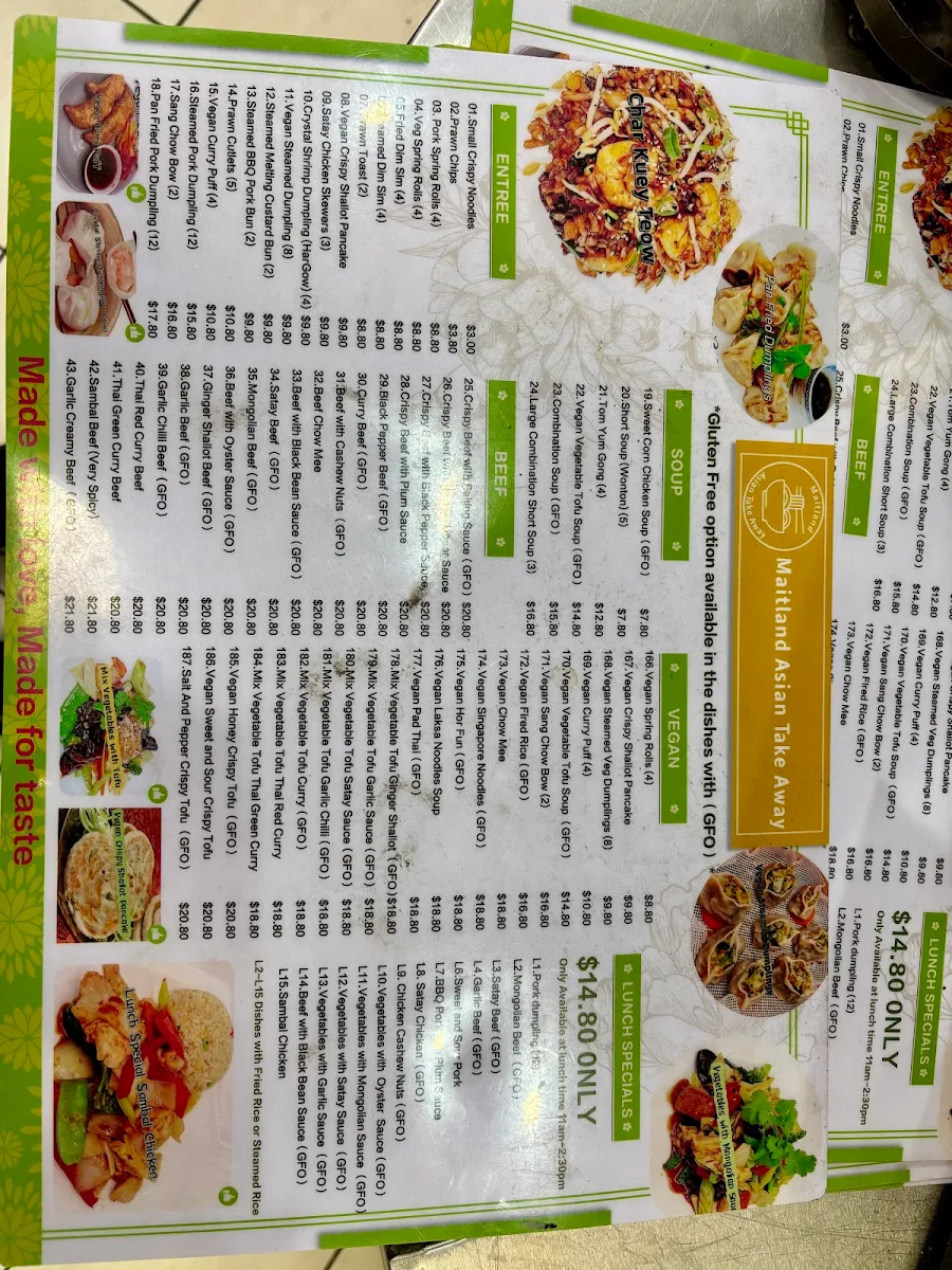 Menu, Maitland Asian Take Away