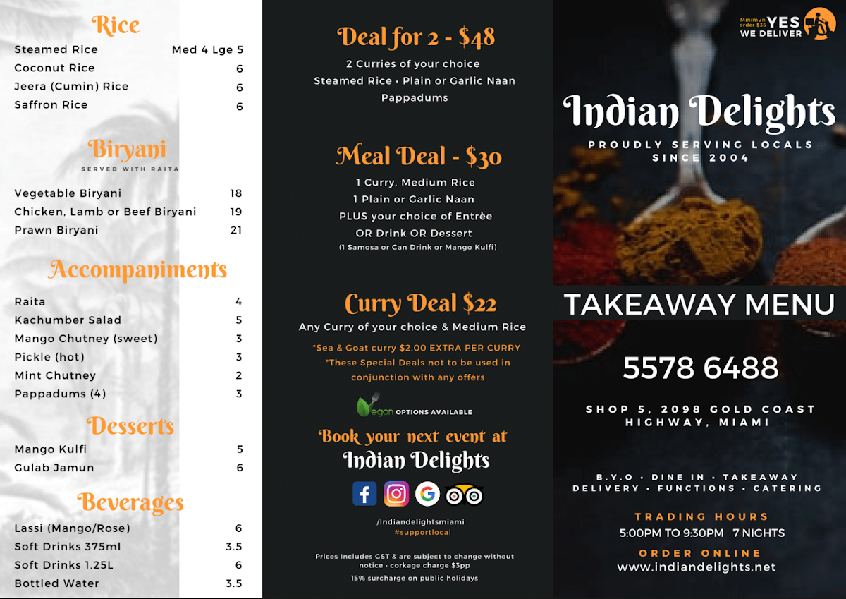 Menu, Indian Delights - Modern Indian Restaurant & Bar Miami