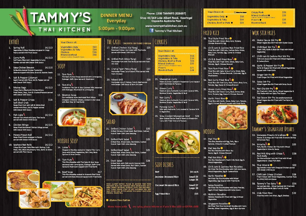 Menu, Tammy's Thai Kitchen