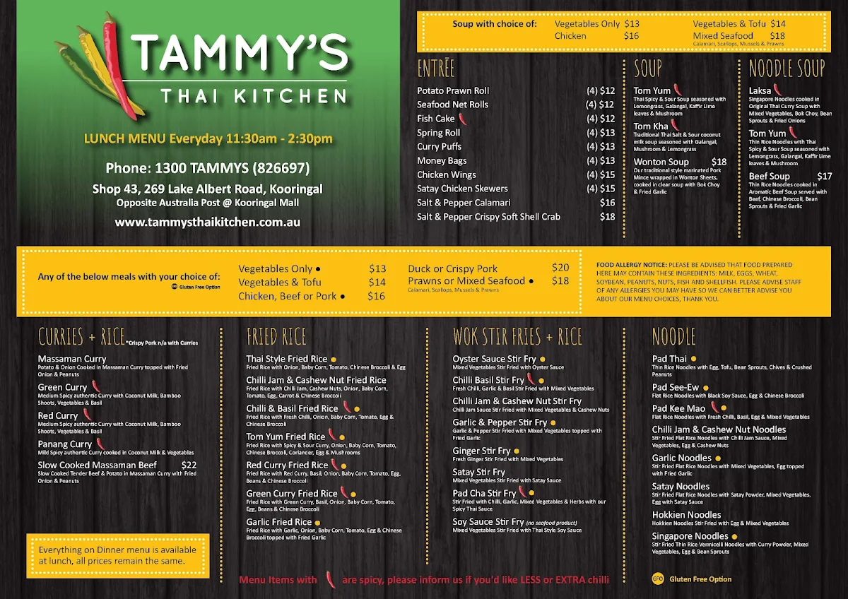 Menu, Tammy's Thai Kitchen