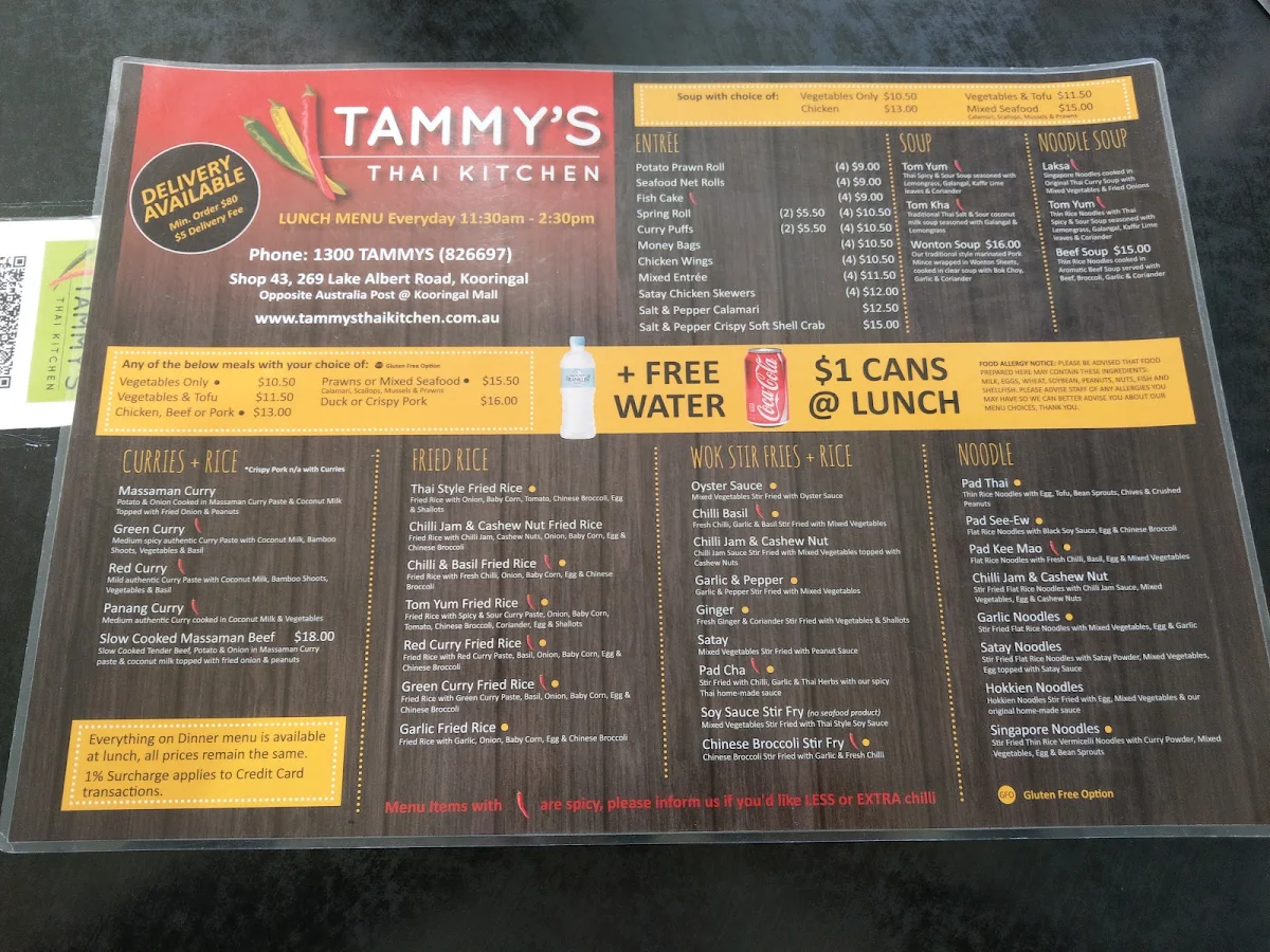 Menu, Tammy's Thai Kitchen
