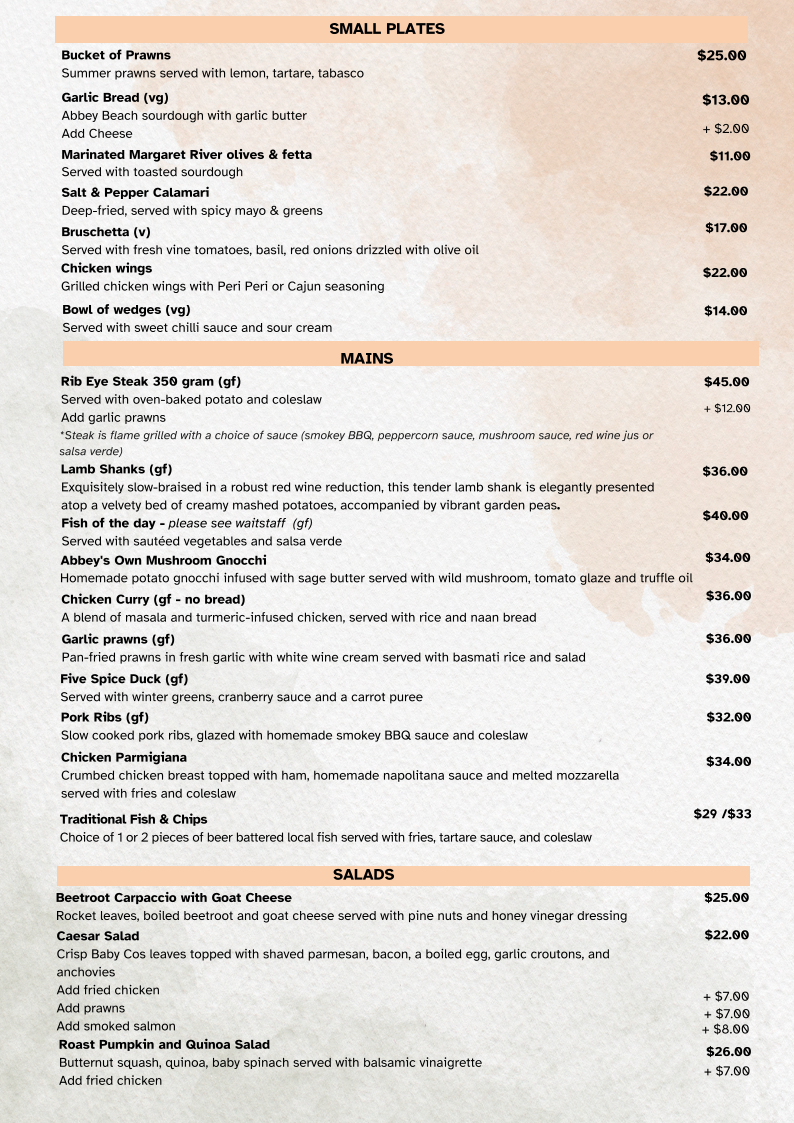 Menu, Atrium Restaurant Busselton