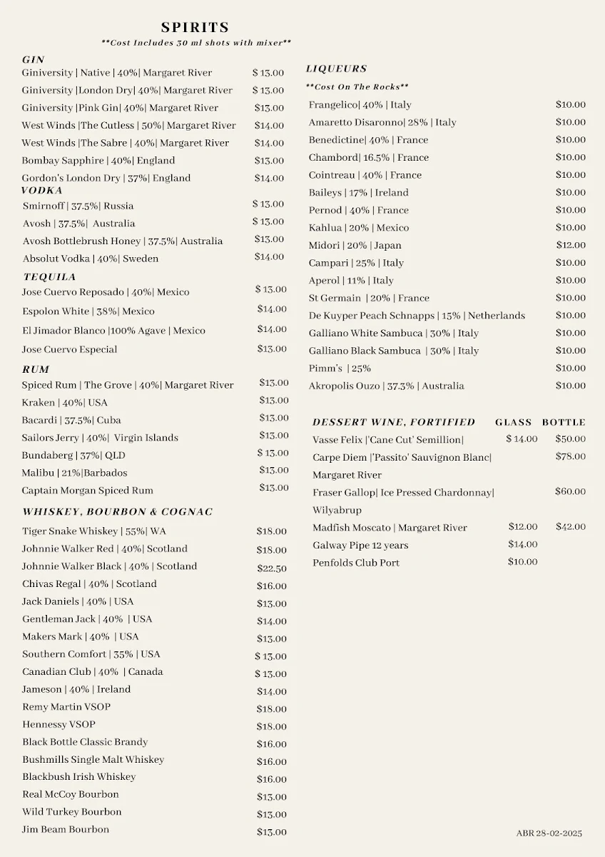 Menu, Atrium Restaurant Busselton