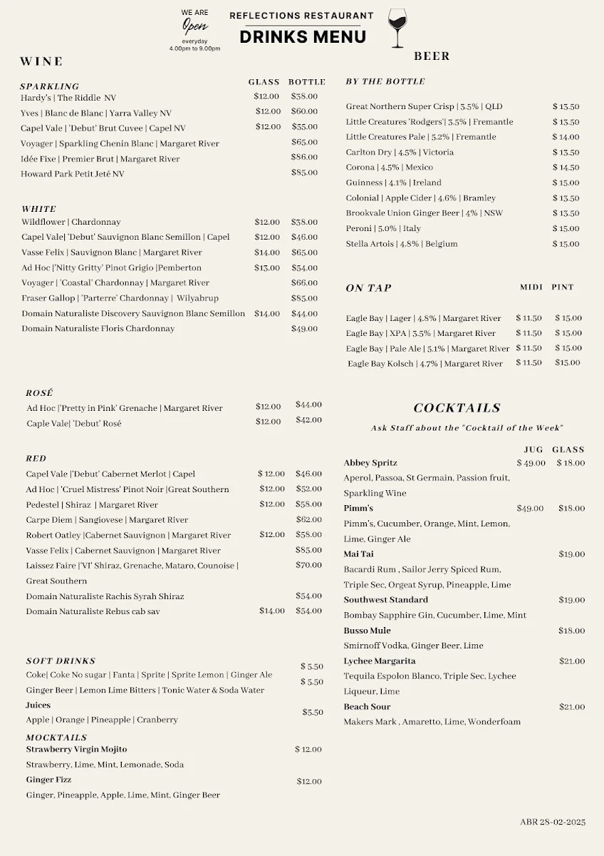 Menu, Atrium Restaurant Busselton