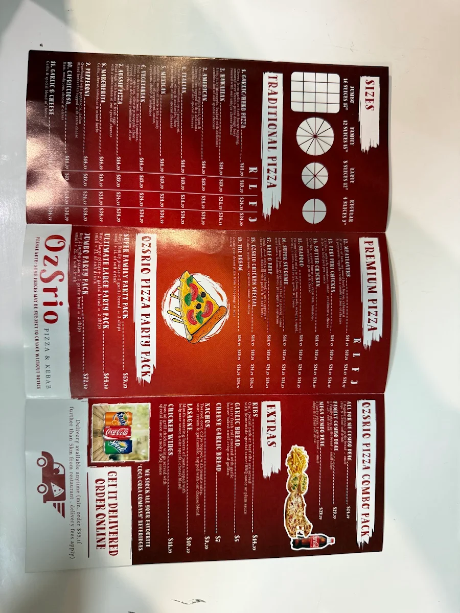 Menu, OzSrio Pizza Kebab & Cafe - Springfield Lakes