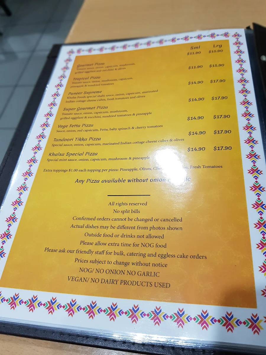 Menu, Khalsa Foods - Vegetarian - Vegan - NOG - Jain - Restaurant Sydney