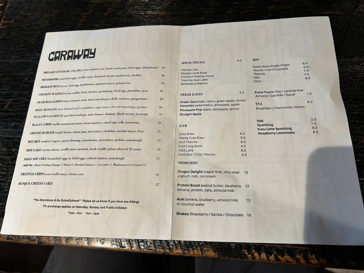 Menu, CARAWAY