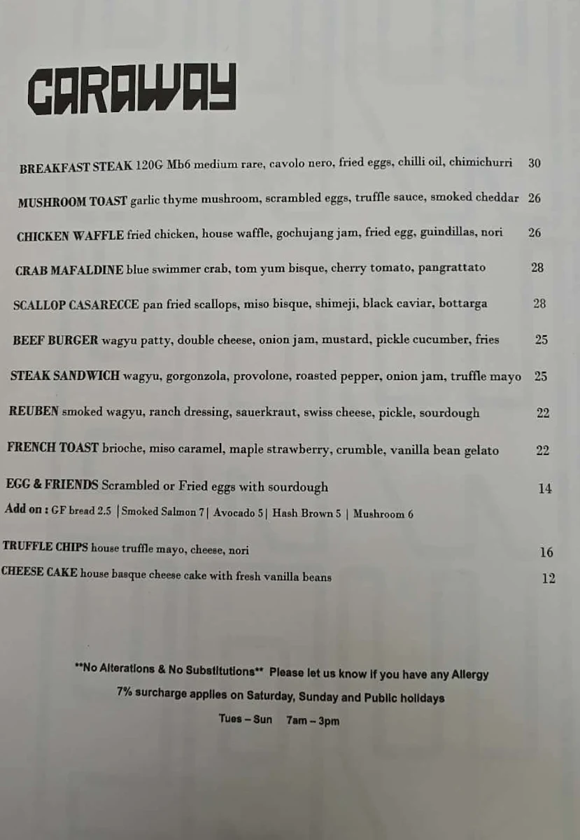Menu, CARAWAY