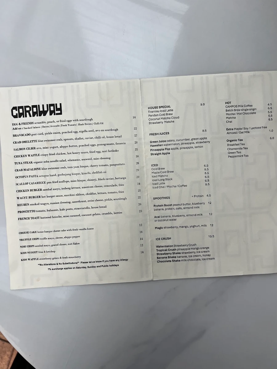 Menu, CARAWAY