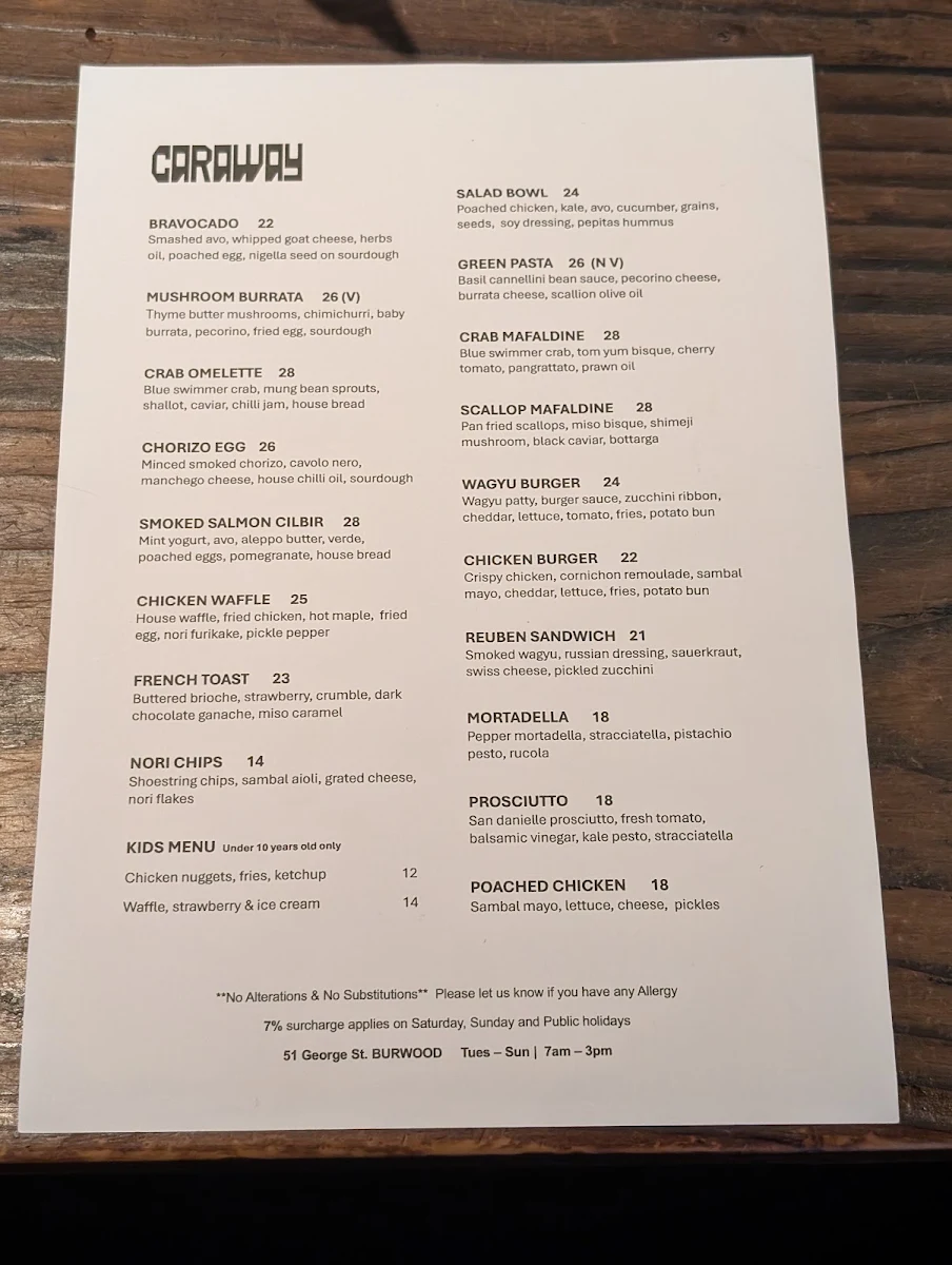 Menu, CARAWAY