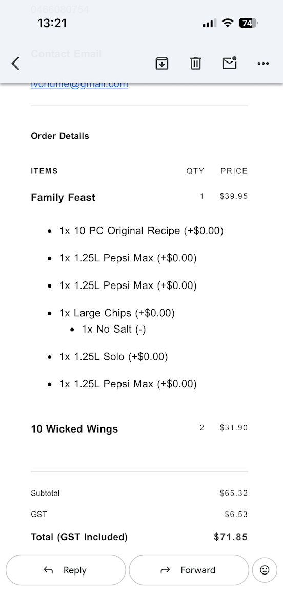 Menu, KFC Hallam