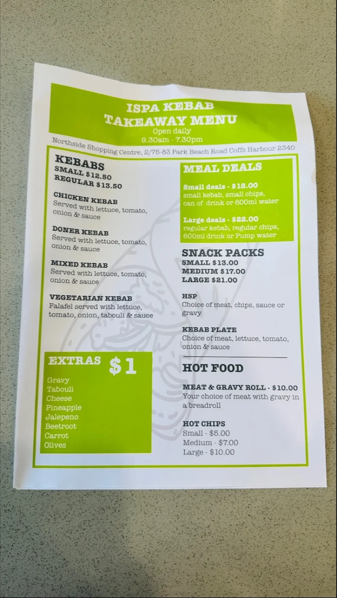 Menu, ISPA Kebab Coffs