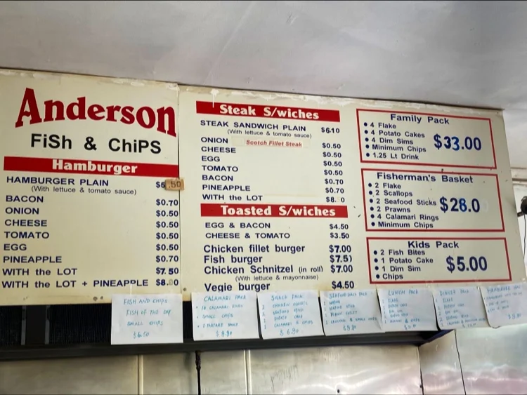 Menu, Anderson Fish & Chip Fawkner