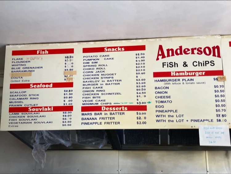 Menu, Anderson Fish & Chip Fawkner