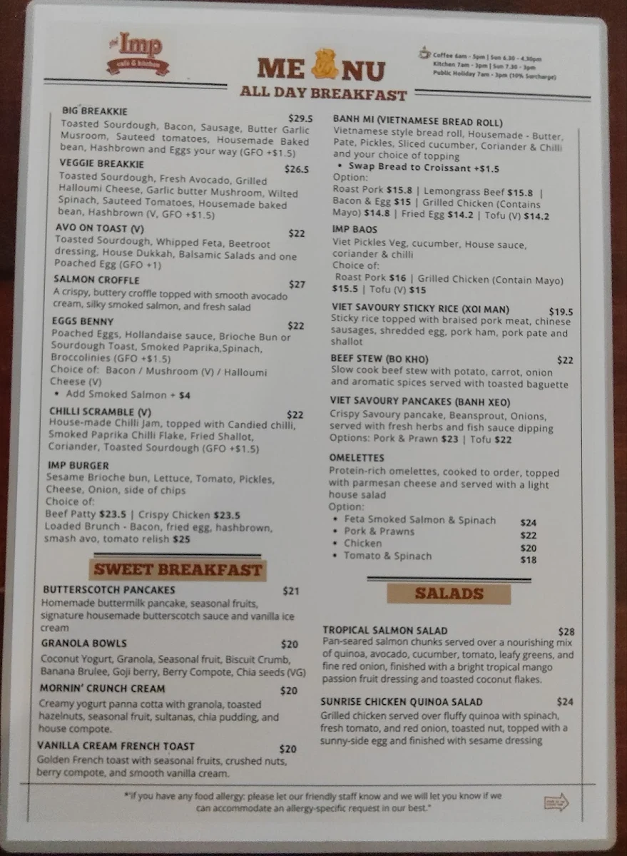 Menu, The Imp Cafe