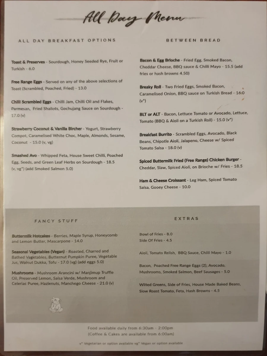 Menu, The Imp Cafe