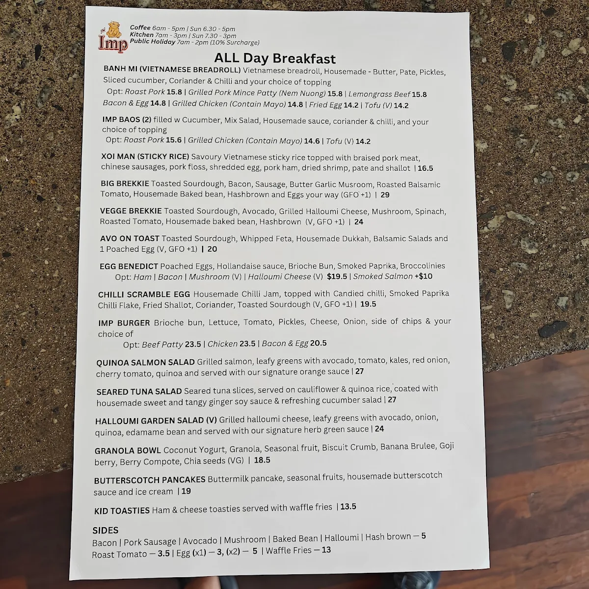 Menu, The Imp Cafe