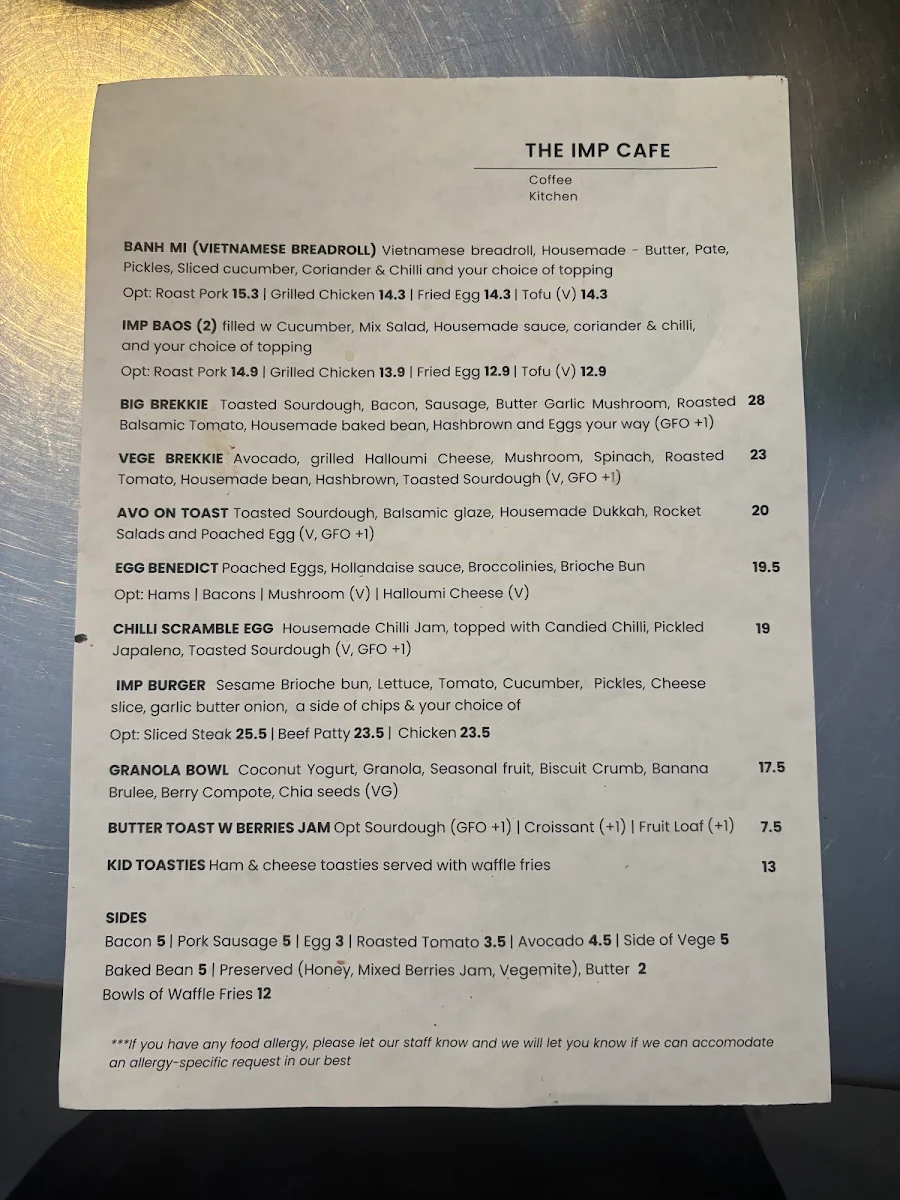 Menu, The Imp Cafe