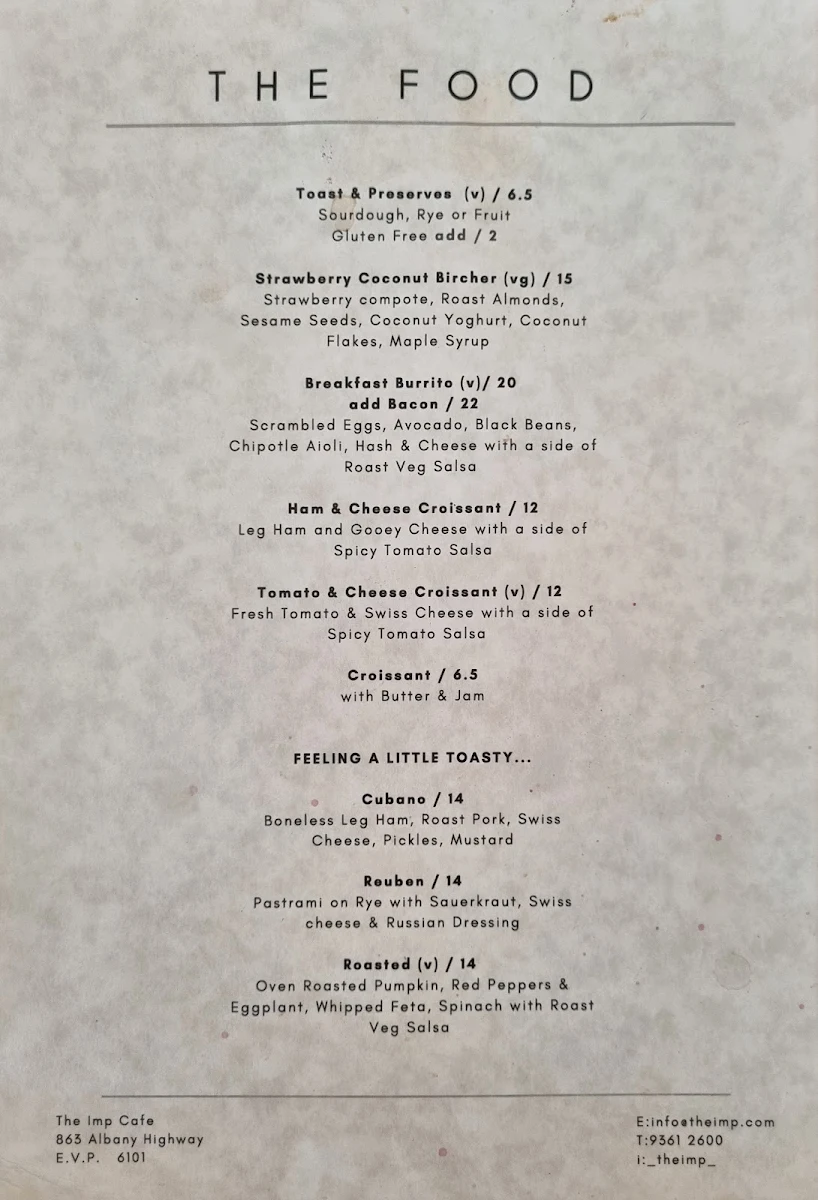 Menu, The Imp Cafe