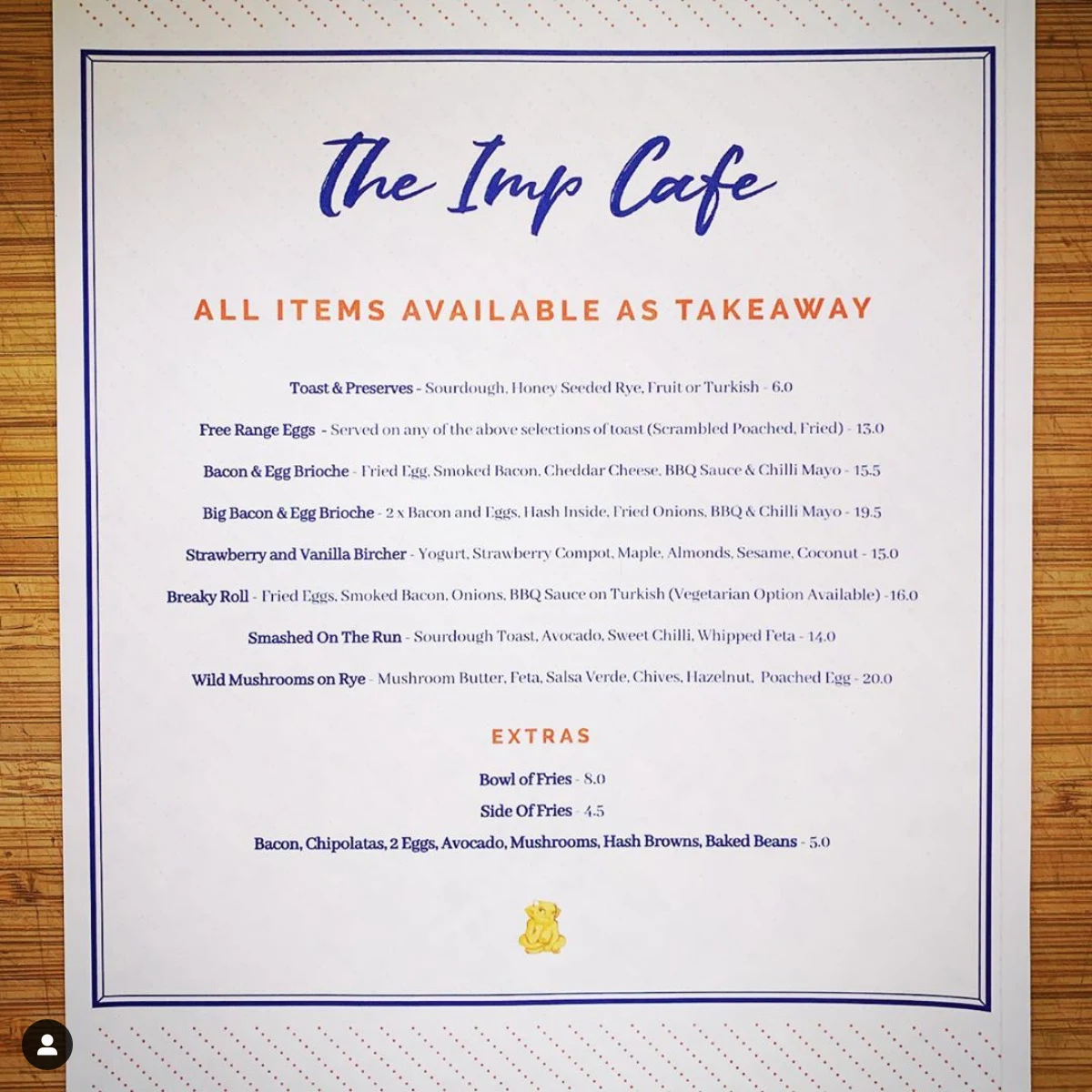 Menu, The Imp Cafe