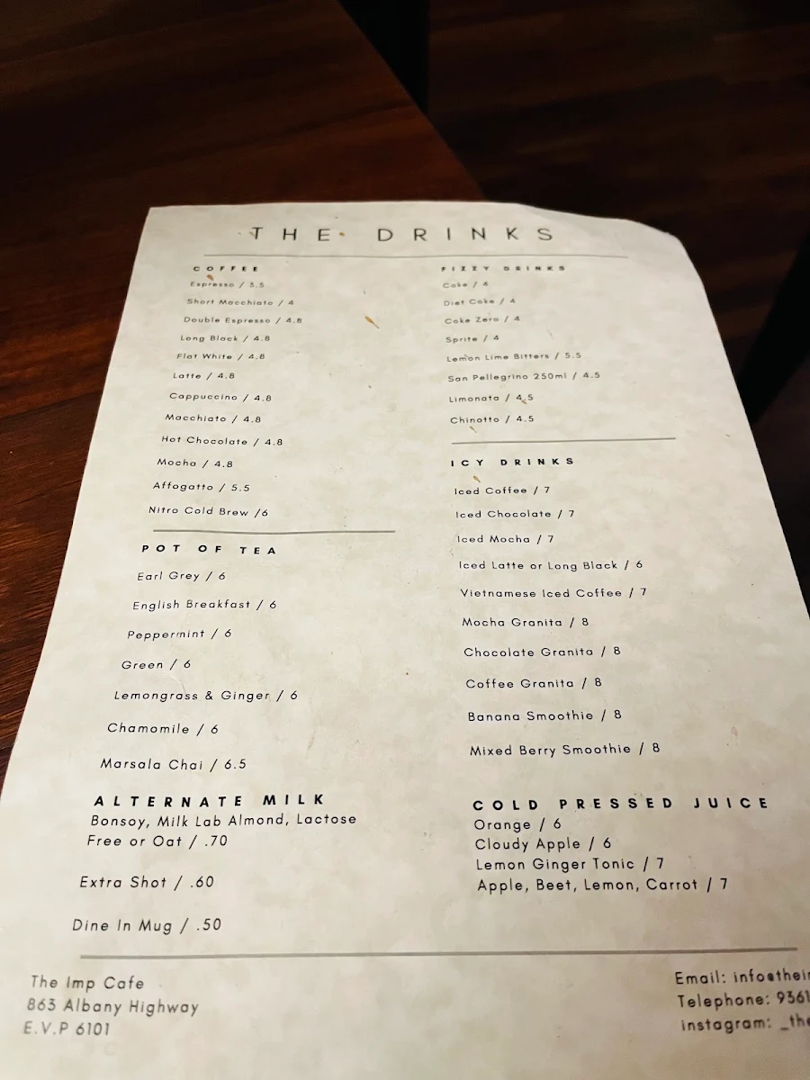 Menu, The Imp Cafe
