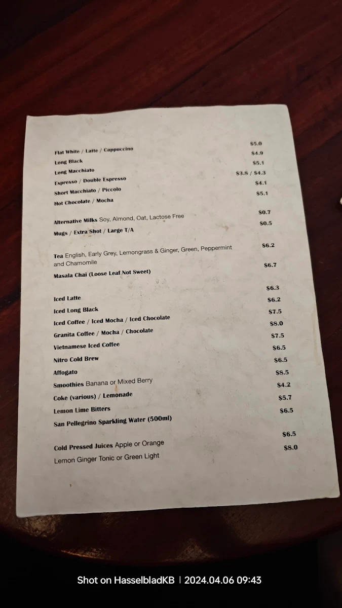 Menu, The Imp Cafe