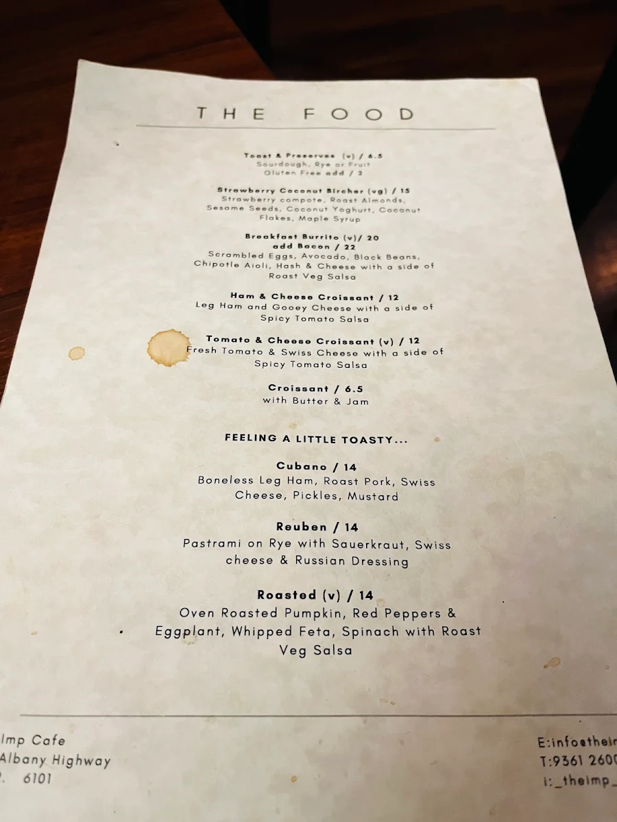 Menu, The Imp Cafe