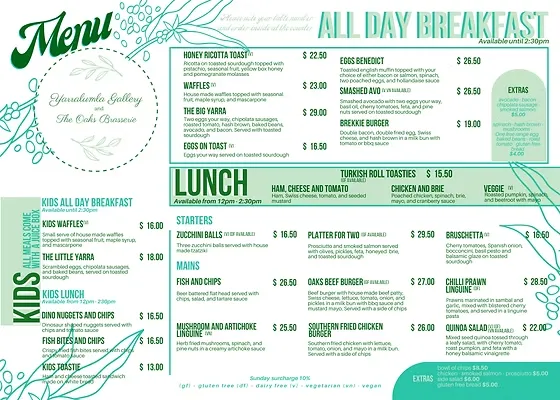 Menu, Yarralumla Gallery and Oaks Brasserie