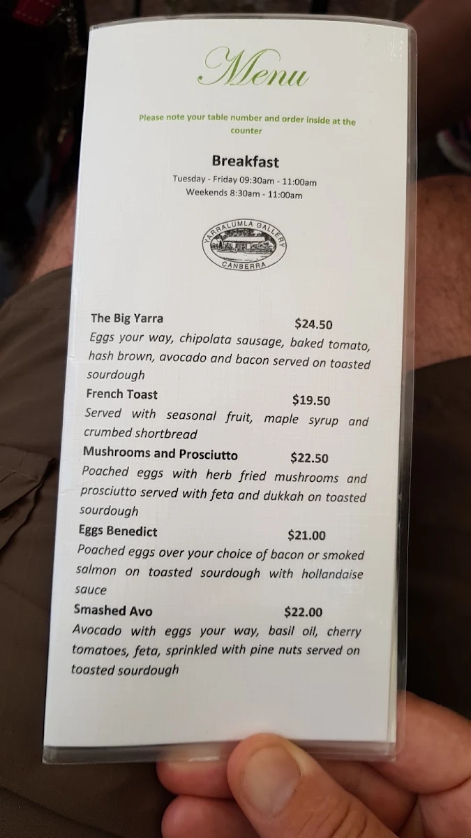 Menu, Yarralumla Gallery and Oaks Brasserie
