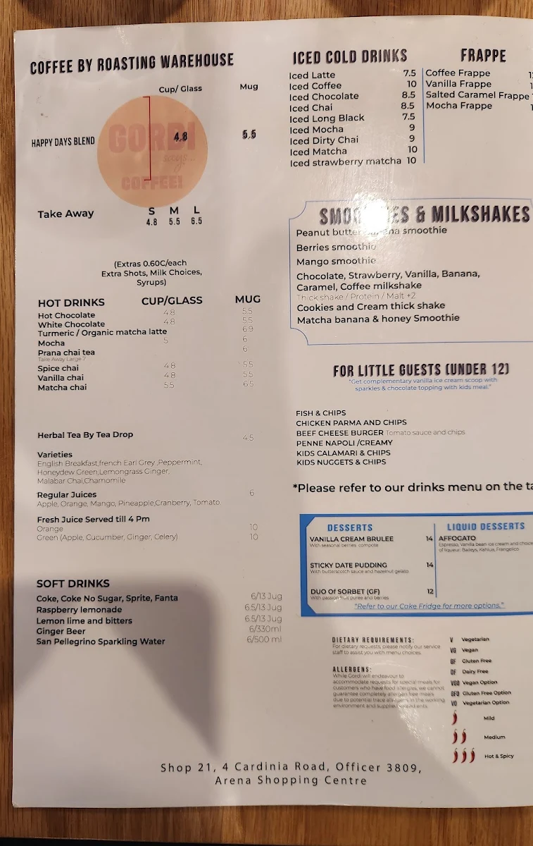 Menu, Gordi Restaurant Cafe & Bar