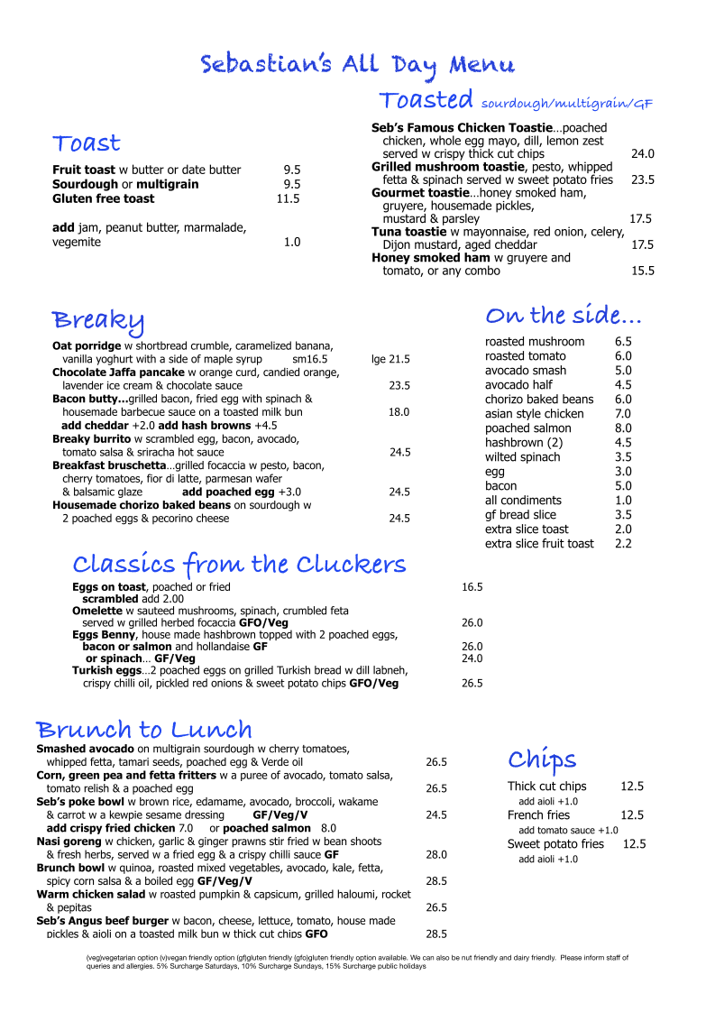 Menu, Sebastian's Food & Wine