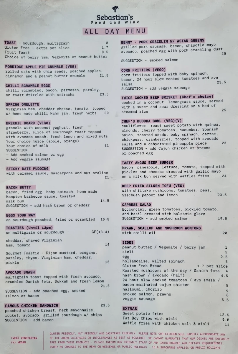 Menu, Sebastian's Food & Wine