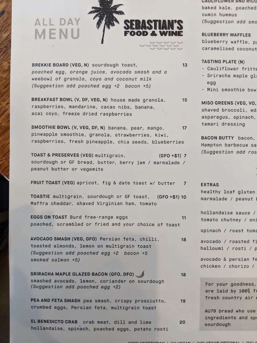 Menu, Sebastian's Food & Wine