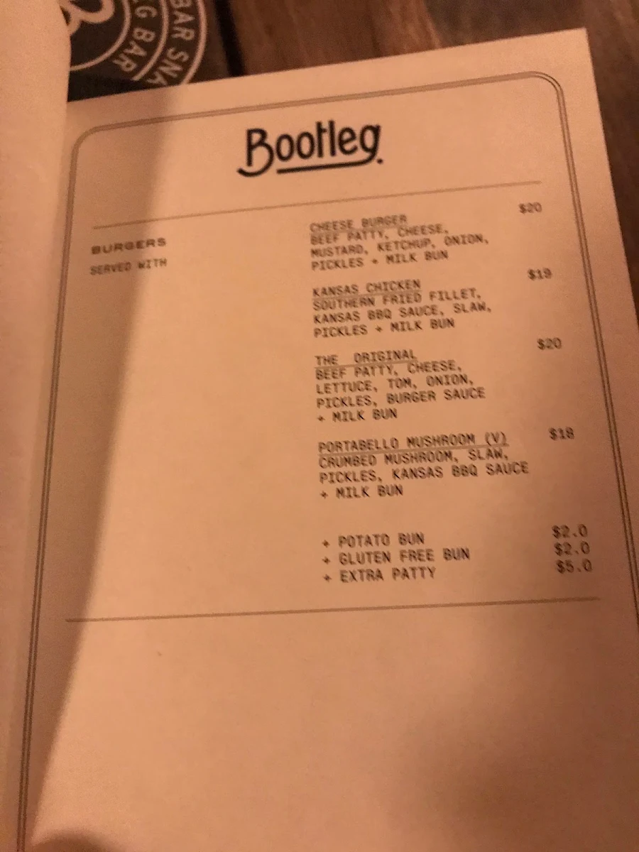 Menu, Bootleg Bar