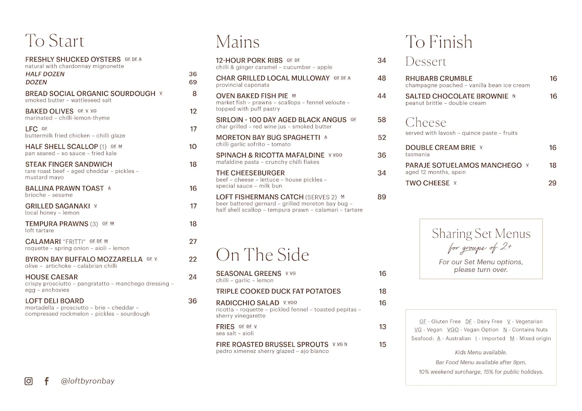 Menu, Loft Byron Bay