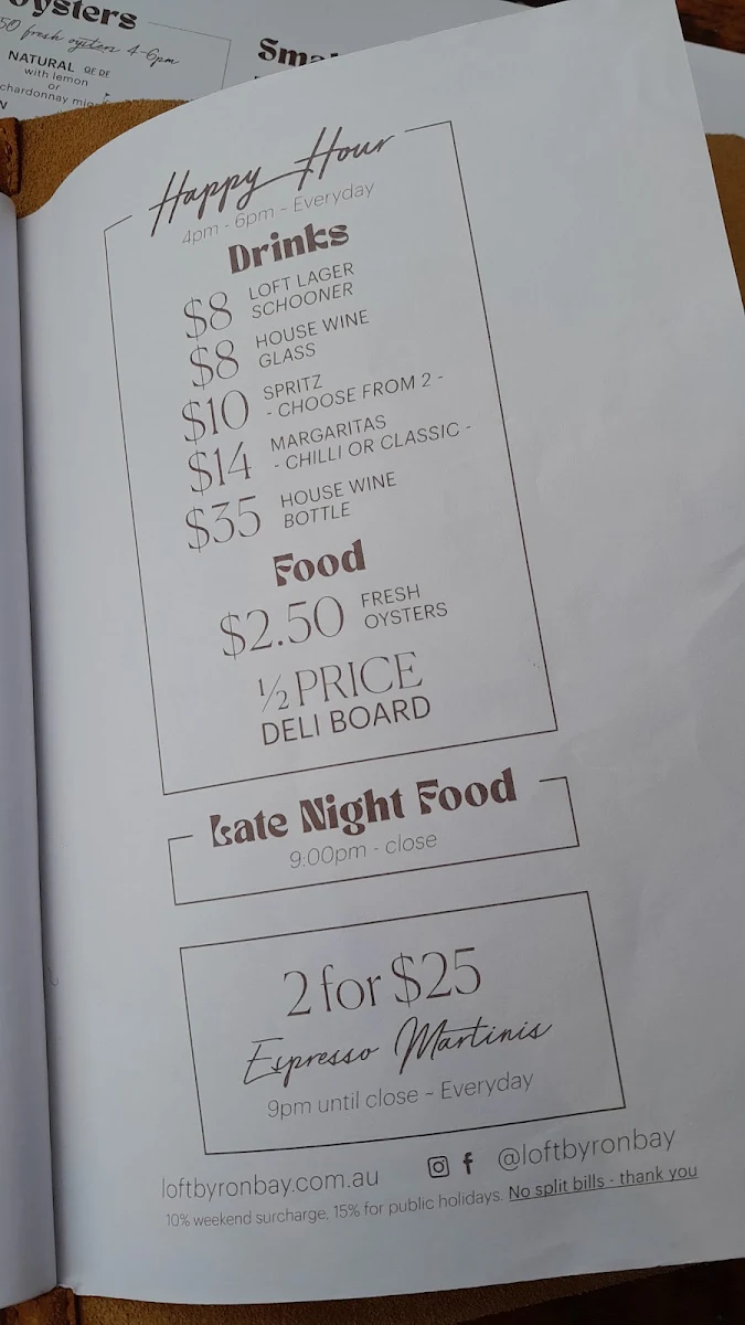 Menu, Loft Byron Bay