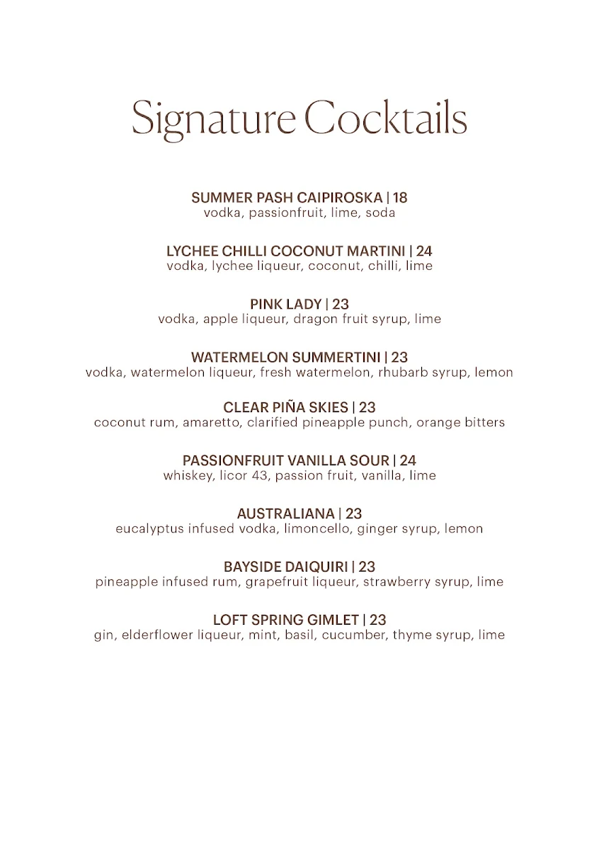 Menu, Loft Byron Bay