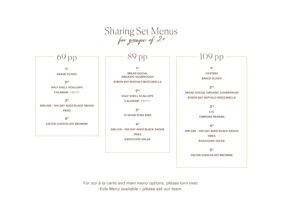 Menu, Loft Byron Bay
