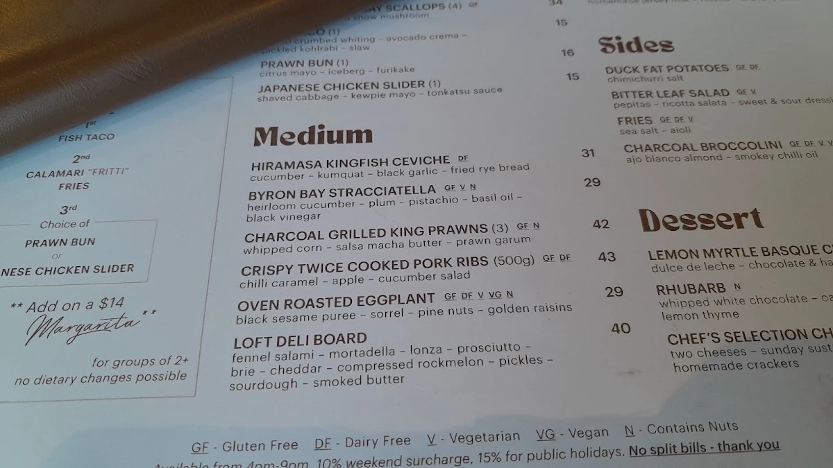 Menu, Loft Byron Bay
