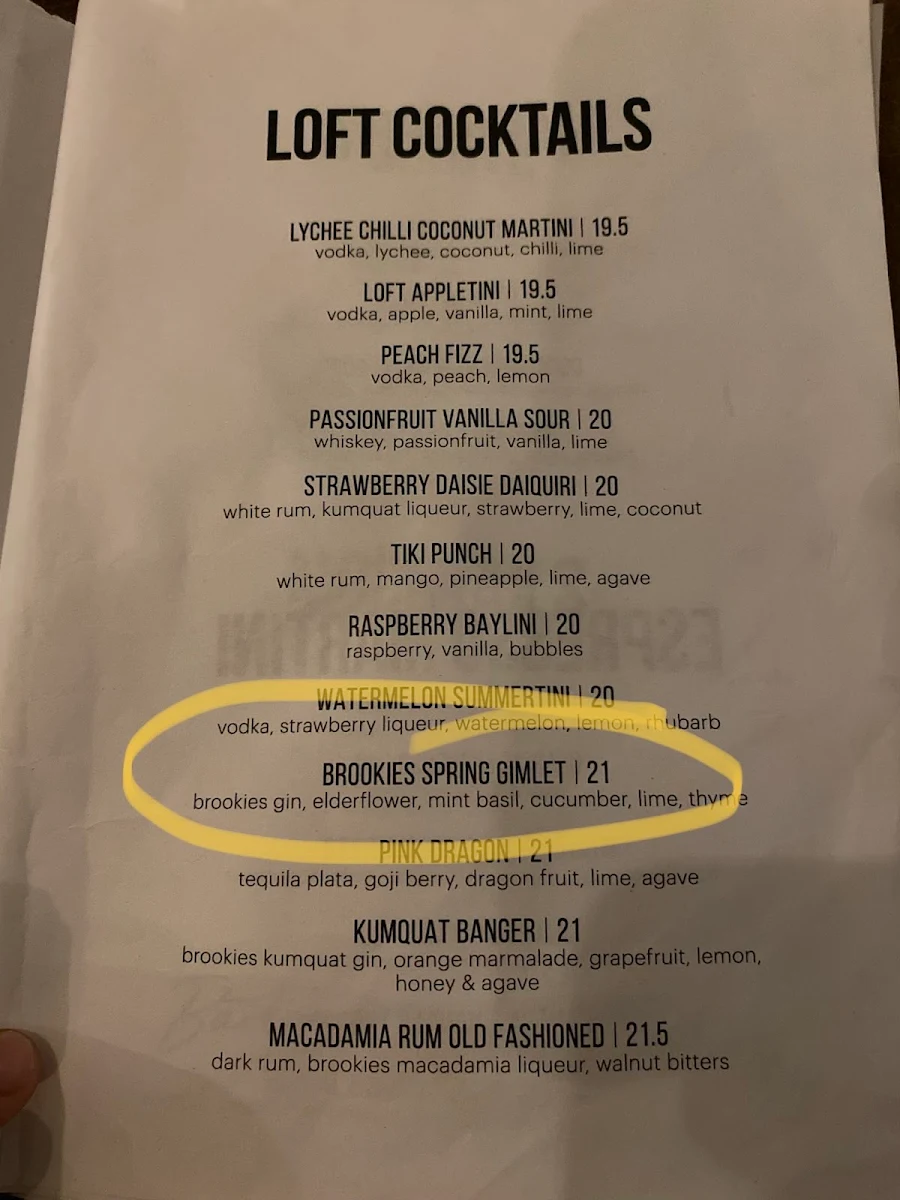 Menu, Loft Byron Bay