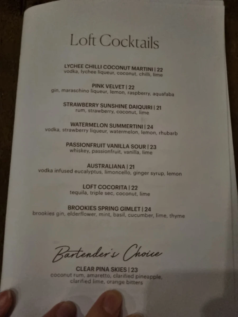 Menu, Loft Byron Bay