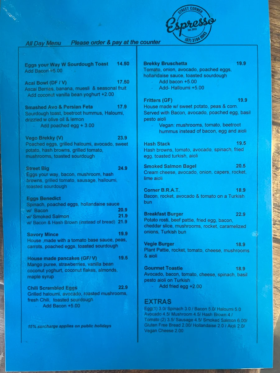 Menu, Street Corner Espresso