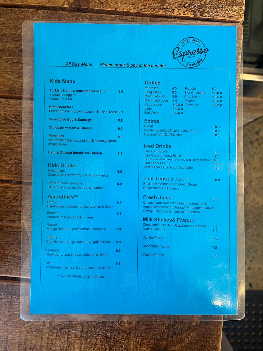 Menu, Street Corner Espresso