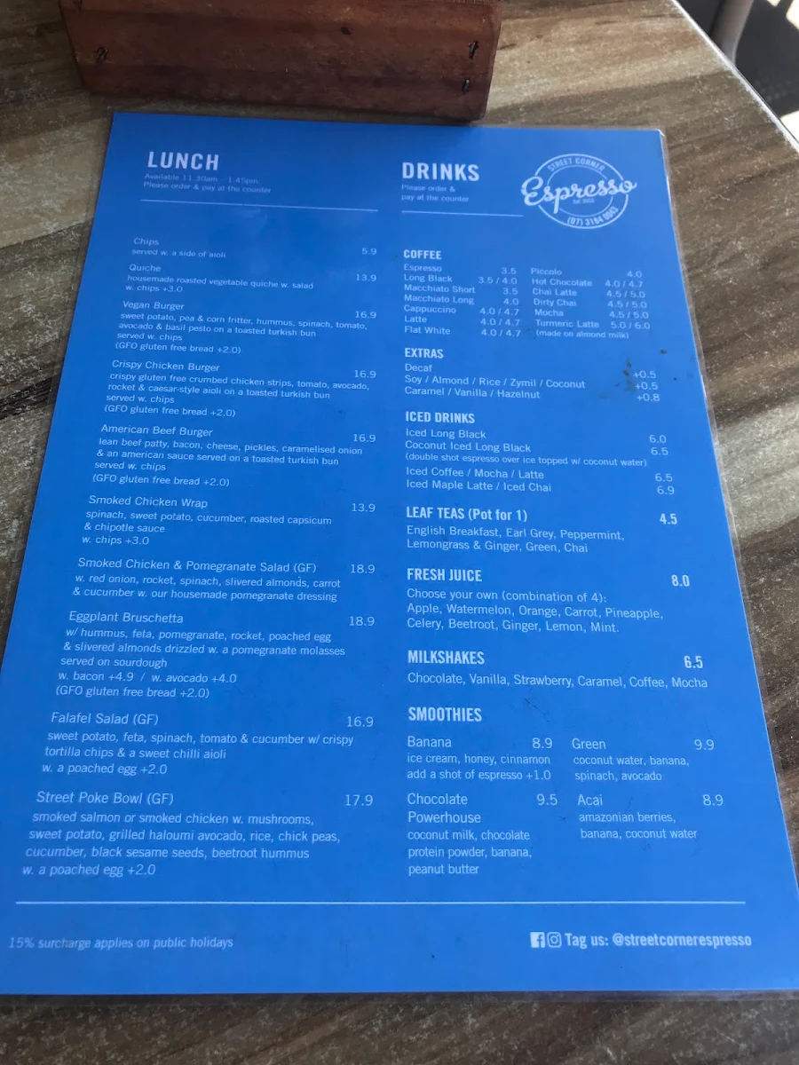 Menu, Street Corner Espresso