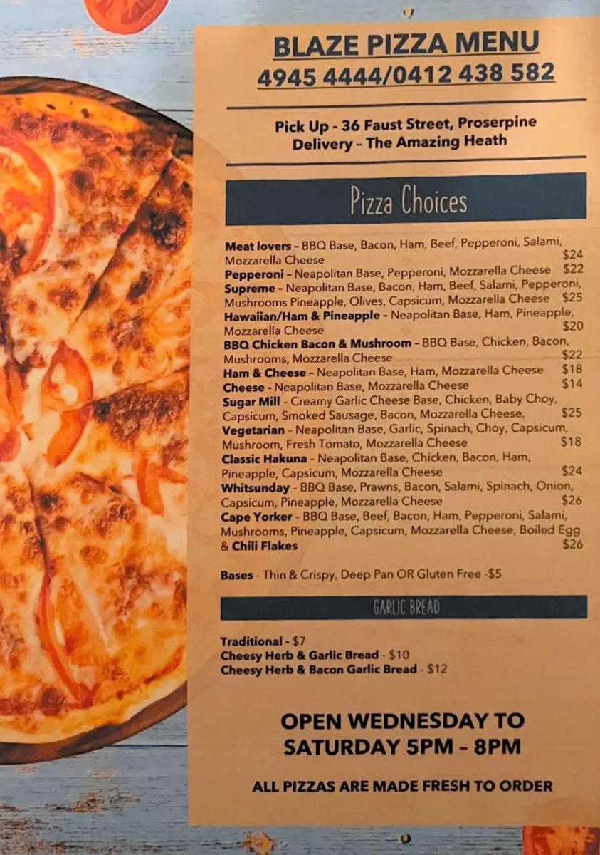 Menu, Blaze Pizzas Whitsunday