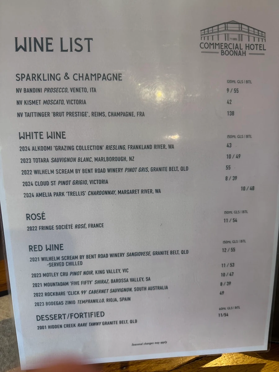 Menu, Commercial Hotel, Boonah