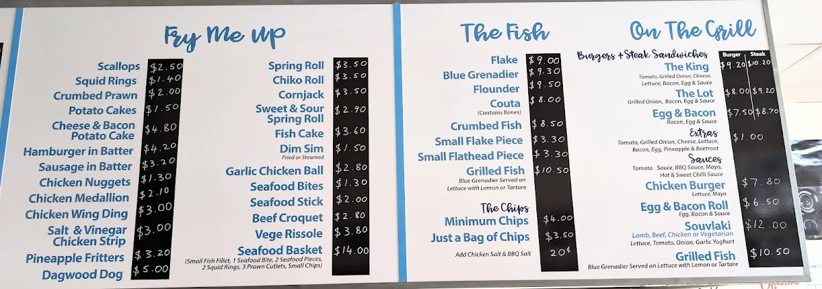 Menu, Kings Meadows Seafood